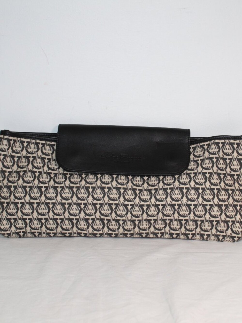 Salvatore Ferragamo Gancini Canvas Leather Flap Clutch Handbag Pouch